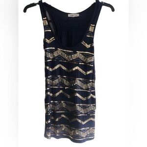 Juniors Small Wishful Park Blue and Gold Tank Top with Sequins